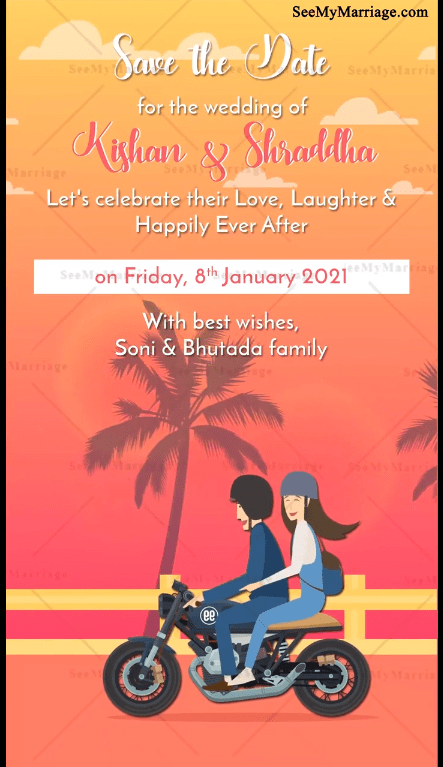 Wedding Invitation Video In A Bicker Guy Riding In The Orange Sunset With His Lady Theme