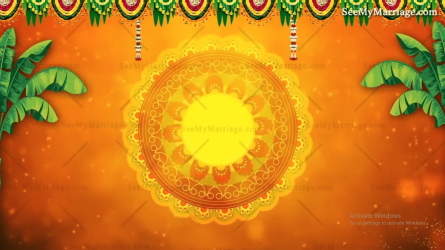 Traditional Telugu Video Invitation In Orange Theme For House Warming Ceremony With Animated Mandala Design And Satyanarayana Swami Image