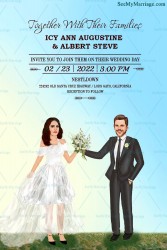 A Carricature Theme Aqua Blue Coloured Modern Mr And Mrs Invitation Card For A Christian Wedding Ceremony