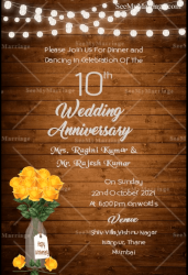 Brown Wood Theme 10th Anniversary Gif Invitation Decorated With Yellow Roses And Shining Lights