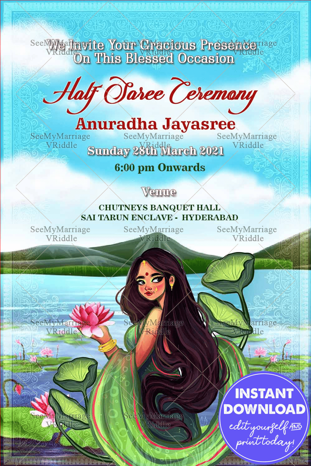 A Blooming Lotus Pond Theme Half Saree Invitation Card