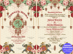 A Royal Rajputana Design Wedding Invitation Card With Red Roses And Majestic Elephants