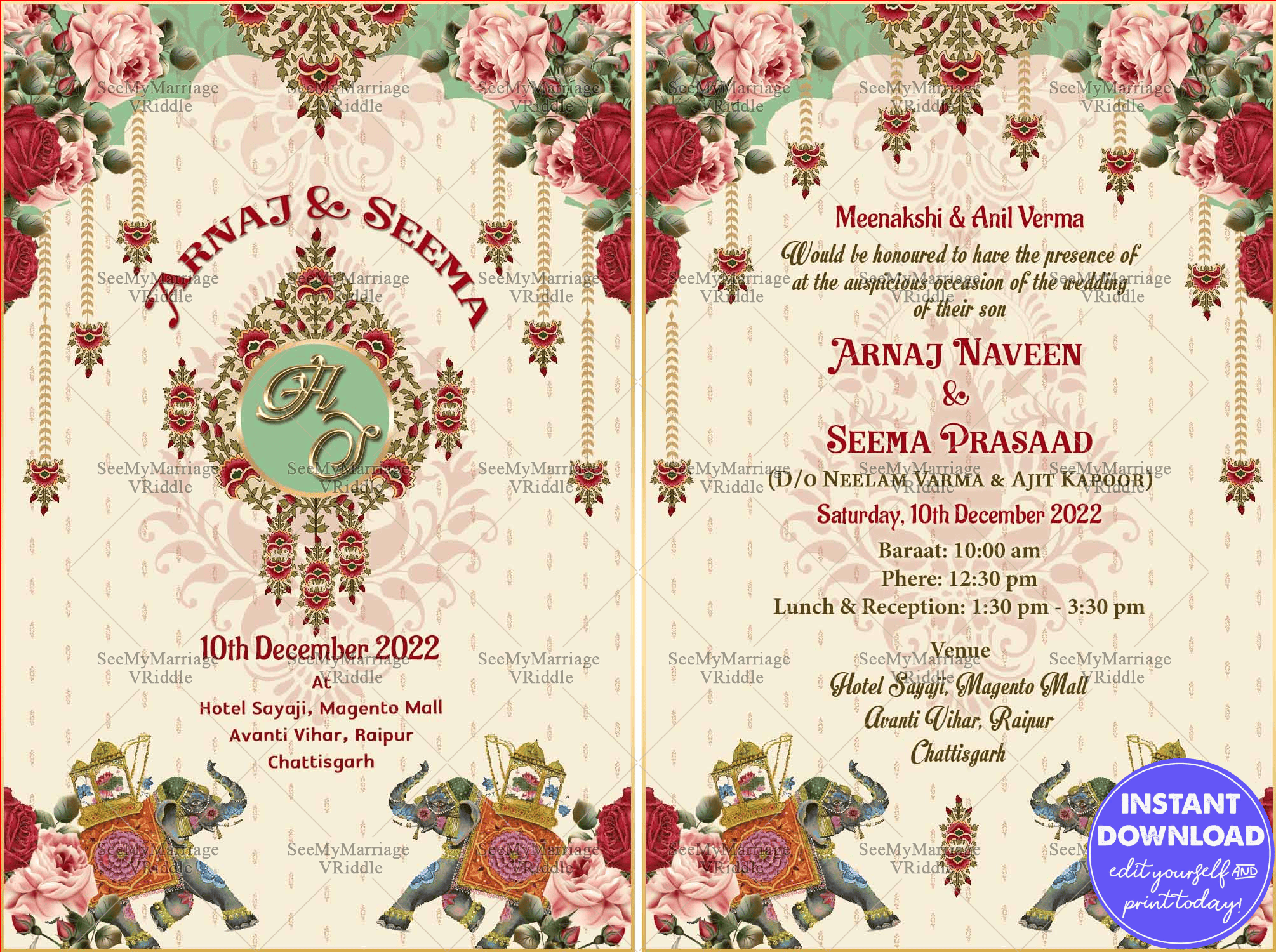 A Royal Rajputana Design Wedding Invitation Card With Red Roses And Majestic Elephants