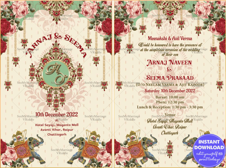 A Royal Rajputana Design Wedding Invitation Card With Red Roses And Majestic Elephants