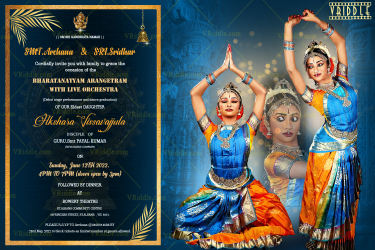 A Vibrant Arengatram Invitation Card In A Peacock Blue Theme For Ranga Pravesham Of A Budding Performer