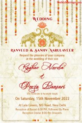 A Wedding Invitation Card Full of Golden Grandeur With Garlands Of Marigold Flowers, Majestic Elephants And A Pink Lotus