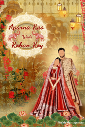 An Traditional Indian Wedding Card Fit For Royalty With Palaces, Archways, Lotus And Richly Dressed Bride And Groom,
