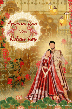 An Traditional Indian Wedding Card Fit For Royalty With Palaces, Archways, Lotus And Richly Dressed Bride And Groom,
