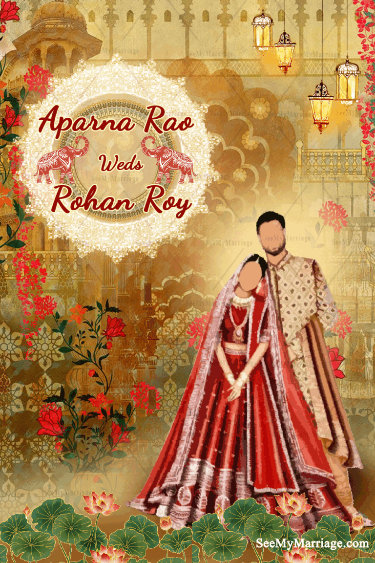 An Traditional Indian Wedding Card Fit For Royalty With Palaces, Archways, Lotus And Richly Dressed Bride And Groom,