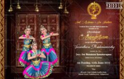 The Stage Is My Temple Theme Traditional Arengatram Invitation Card With Dancers In Vibrant Blue