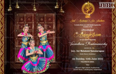 The Stage Is My Temple Theme Traditional Arengatram Invitation Card With Dancers In Vibrant Blue