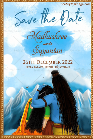 A Love For Eternity Theme Save The Date Wedding Invitation With Image Of Shiv Parvathi In The Snow Clad Himalayas