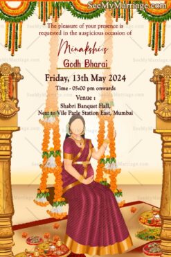 Traditional Video Invitation For Godh Bharai With A Caricature of Blooming Pregnant Woman On A Swing