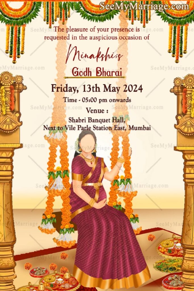 Traditional Video Invitation For Godh Bharai With A Caricature of Blooming Pregnant Woman On A Swing