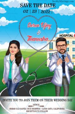 Dr Love Theme Save The Date Invitation Card For Weddings With Caricatures Of The Happy Couple