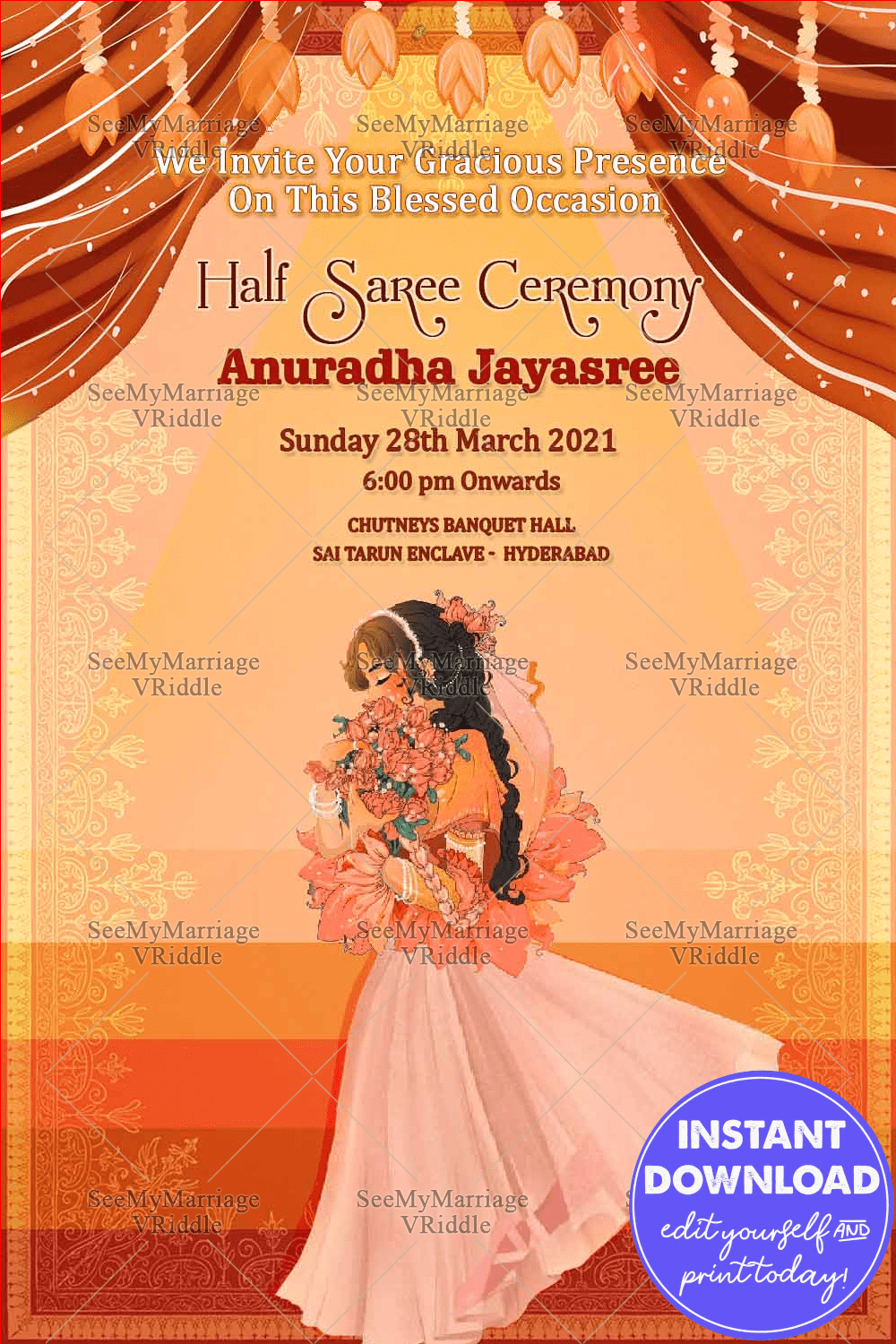 Invitation Card For Half Saree Ceremony Of A Bashful Girl In Shades Of Peaches And Pinks