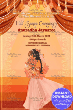Invitation Card For Half Saree Ceremony Of A Bashful Girl In Shades Of Peaches And Pinks