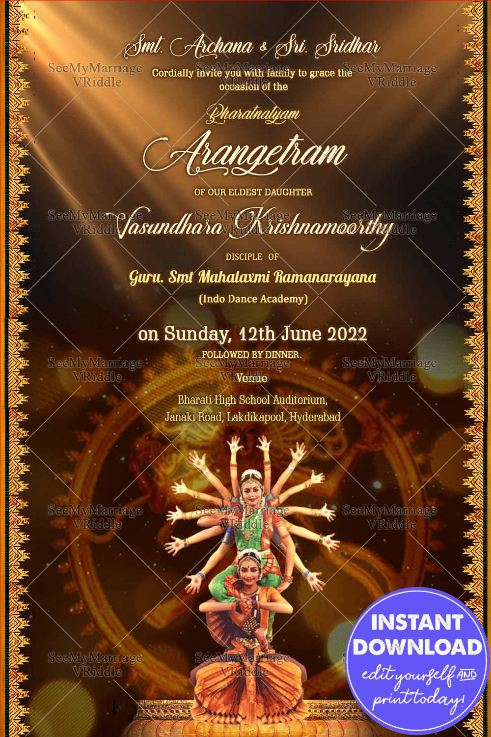 Invitation Card For Traditional Arengatram Ceremony Seeking Blessings Of Lord Nataraja On Ranga Pravesham Of Budding Performers