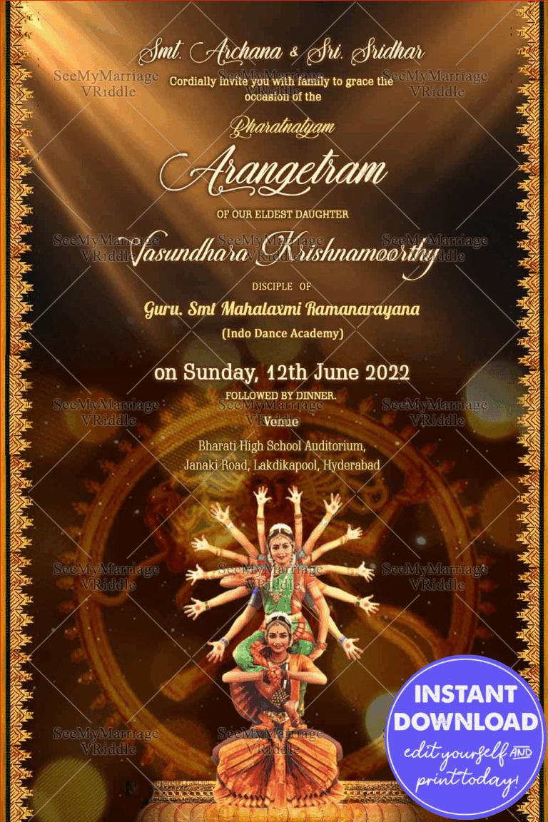 Invitation Card For Traditional Arengatram Ceremony Seeking Blessings Of Lord Nataraja On Ranga Pravesham Of Budding Performers