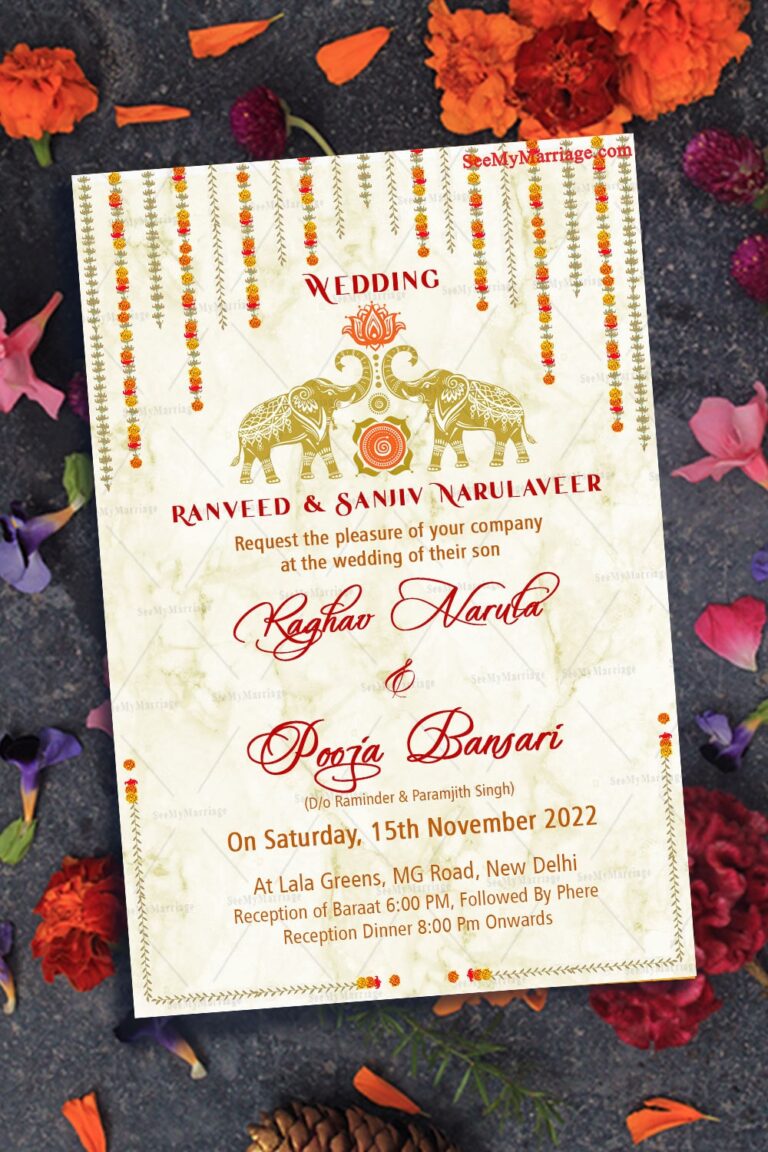 A Wedding Invitation Card Full of Golden Grandeur With Garlands Of Marigold Flowers, Majestic Elephants  And A Pink Lotus