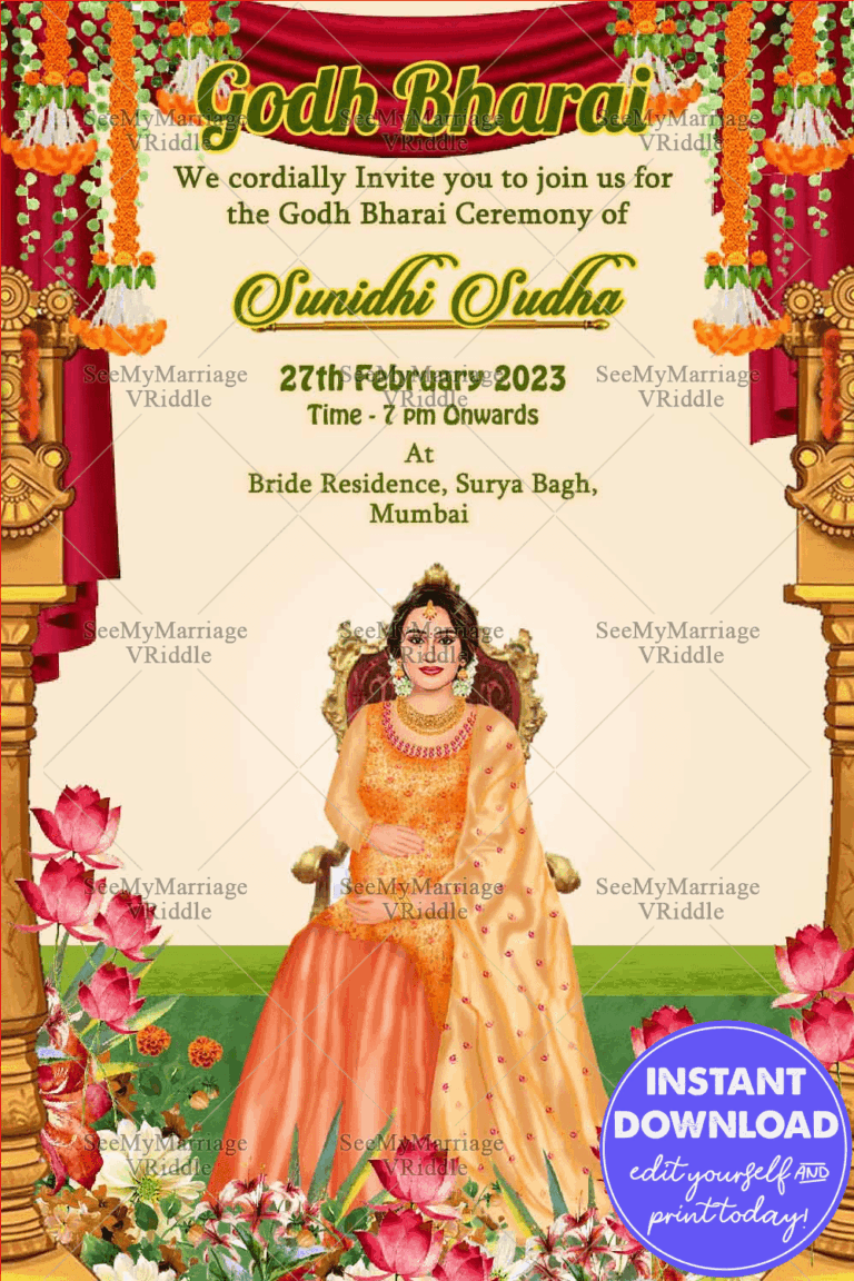 Queen Of The Home Caricature Theme Baby Shower Invitation Card With Marigold Swing Hanging Flowers And Temple Pillar