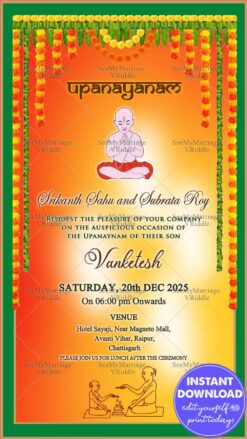Traditional Invitation Card For A Upanayanam Ceremony in Yellow theme With A Boy Sitting Under A Toran of Marigold Flowers And Priest Performing Pooja