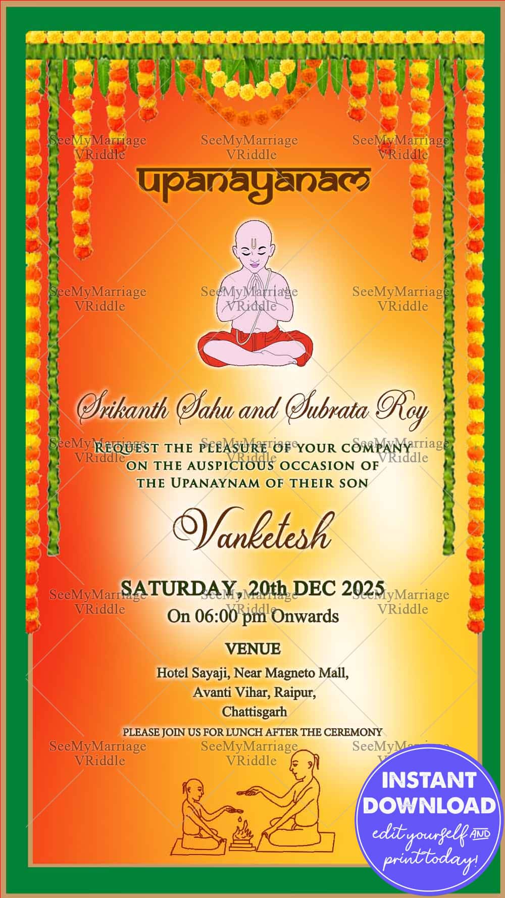 Traditional Invitation Card For A Upanayanam Ceremony in Yellow theme With A Boy Sitting Under A Toran of Marigold Flowers And Priest Performing Pooja