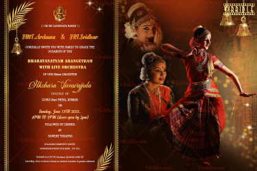 Dance Is My Prayer Theme Maroon Coloured Arengatram Invitation Card With Gold Accents