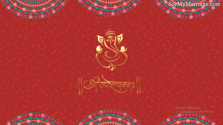 A Traditional Bhojpuri Invitation for House Warming Ceremony In Vermillion Red Colour And Golden Ganesha