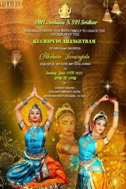 A Stunning Invitation Card For Arengatram Ceremony With Beautiful And Dramatic Images Of The Dancer In A Blue Pleated Saree
