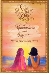 A Romantic Save The Date Video Invitation With Image Of Radha And Krishna Enjoying Sunset On The Blue Sea