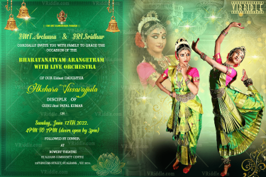 A Green Theme Arengatram Ceremony Invitation Card With Expressive Eyed Performing Artist