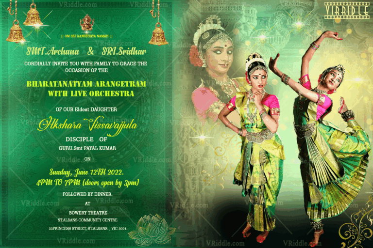A Green Theme Arengatram Ceremony Invitation Card With Expressive Eyed Performing Artist