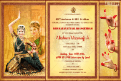 A Traditional Arengatram Invitation Card With Image of A stunning Performer And Hasta Mudras