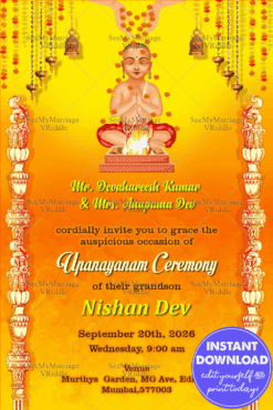 Orange Theme Invitation Card For Upanayanam Ceremony With Hanging Bells And Lamps
