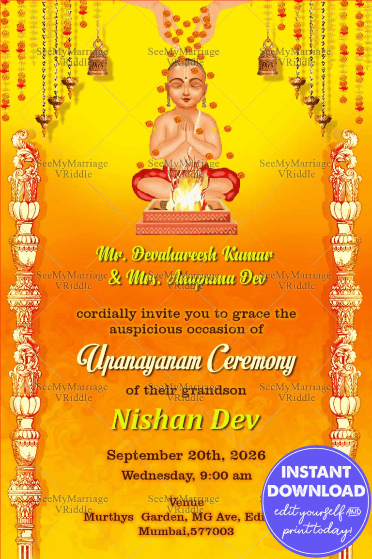 Orange Theme Invitation Card For Upanayanam Ceremony With Hanging Bells And Lamps