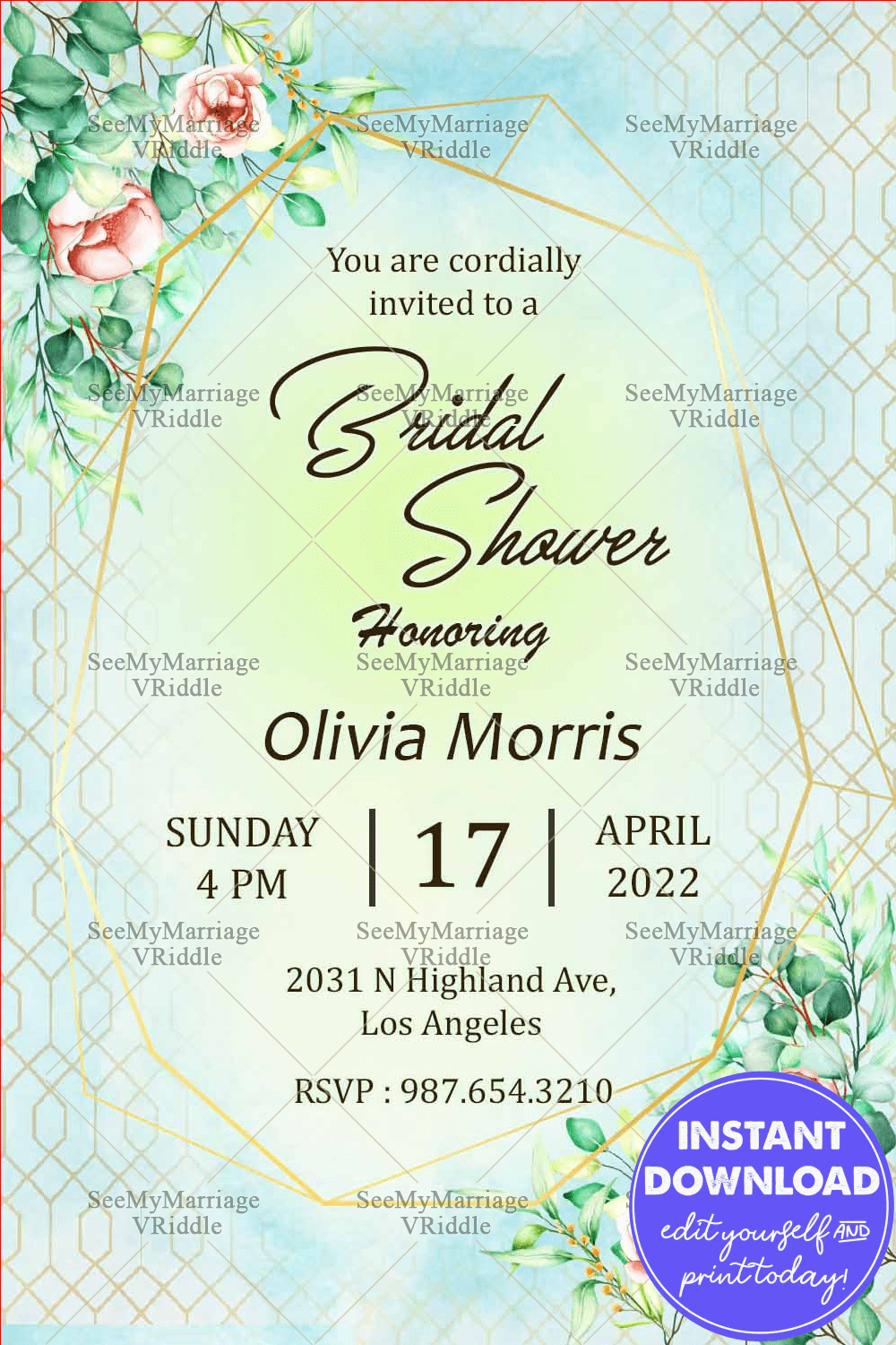 A Unique Sea Green Theme Invitation Card For Bridal Shower With Golden Pattern