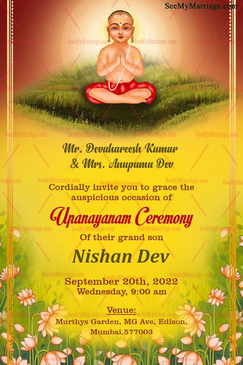 Enlightened By Knowledge Theme Invitation Card For Upanayanam Ceremony With Pink Lotus Flowers