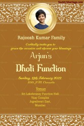 A Simple Brown Theme Invitation Card For Panchala Function With Image Of The Boy In A Golden Frame