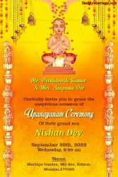 Orange Theme Invitation Card For Upanayanam Ceremony With Hanging Bells And Laps