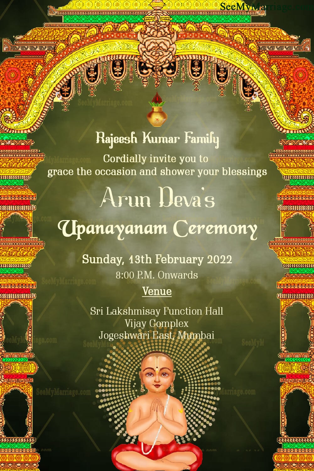 A Green Theme Traditional Upanayanam Ceremony Invitation Card With A Boy Sitting Under A Beautiful And Intricate Mandap