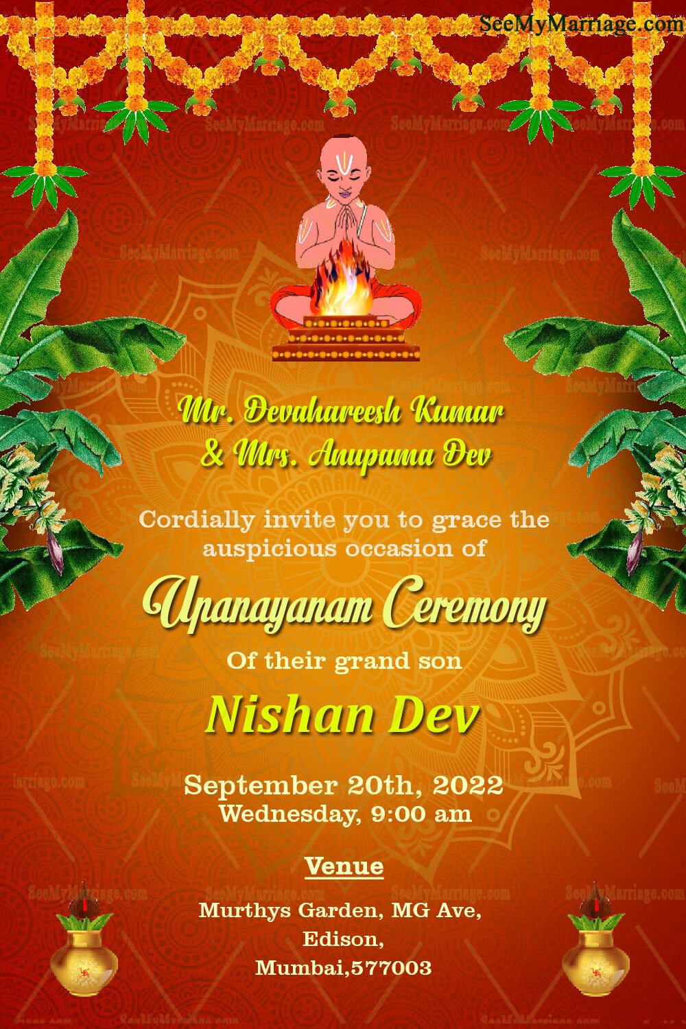 An Orange Theme Traditional Upananyanam Invitation Card With A Boy At The Center Of An Intricately designed Mandala Seeking Knowledge