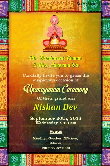 A Multicoloured Invitation Card For Traditional Upanayanam Ceremony With Vintage Painted Wooden Frame