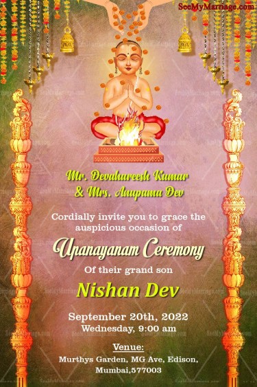 Multicoloured Theme Invitation Card For Upanayanam Ceremony With A Praying Boy Along With Hanging Bells And Lamps