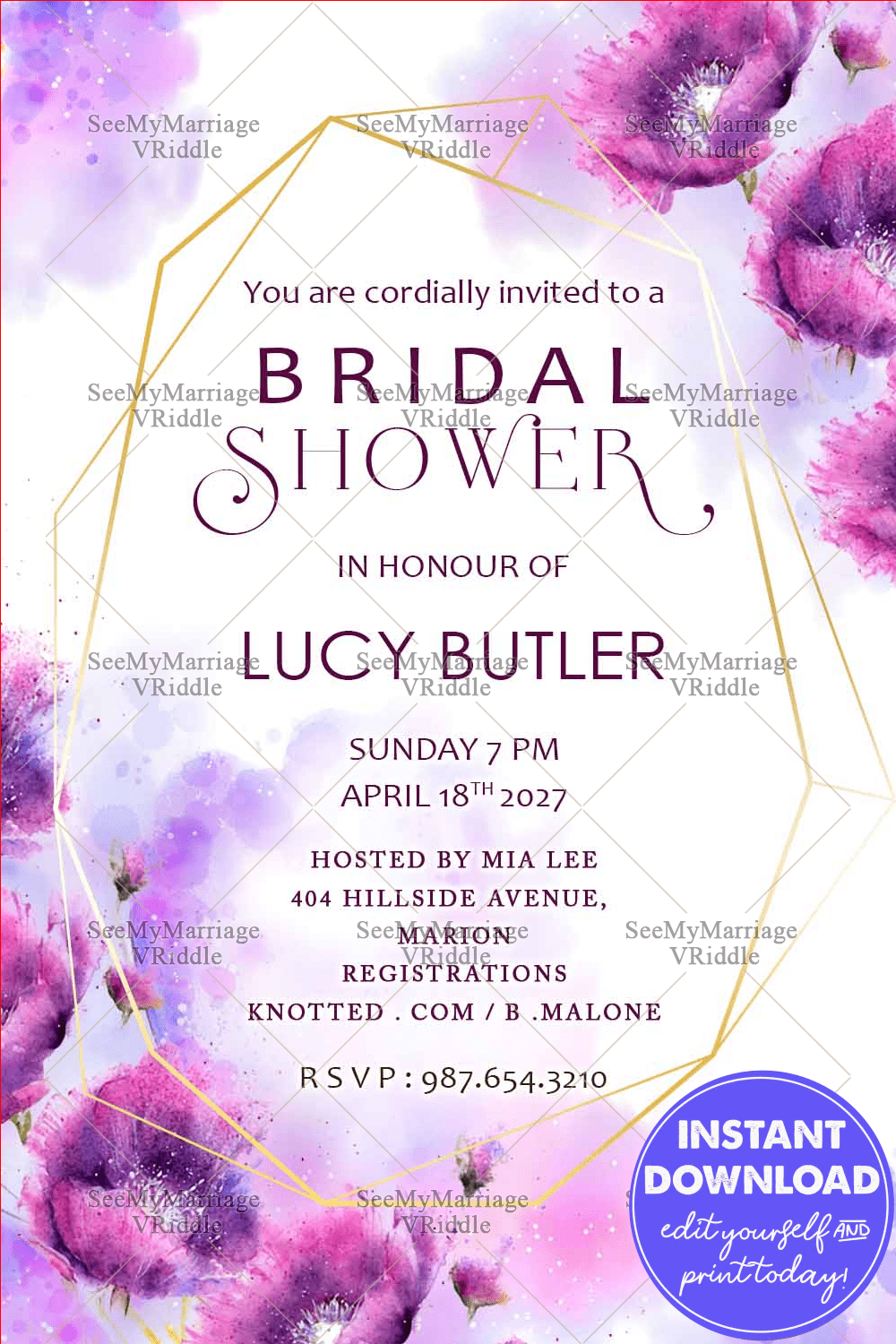 A Beautiful Floral Theme Bridal Shower Invitation Card In Dreamy Shades Of Purple And Lilac With Gold Geometrical Frames