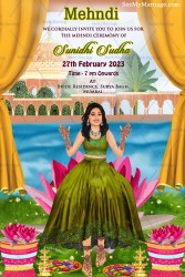 A Blooming Lotus In A Royal Palace Theme Mehndi Invitation Card With Caricature Of The Bride-To-Be