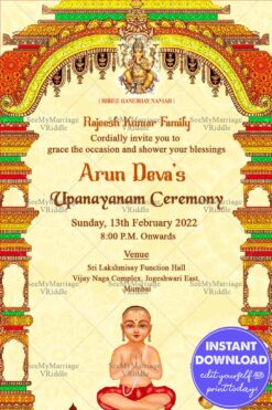 A Cream Theme Traditional Upanayanam Ceremony Invitation Card With A Boy Sitting Under An Elaborate Mandap