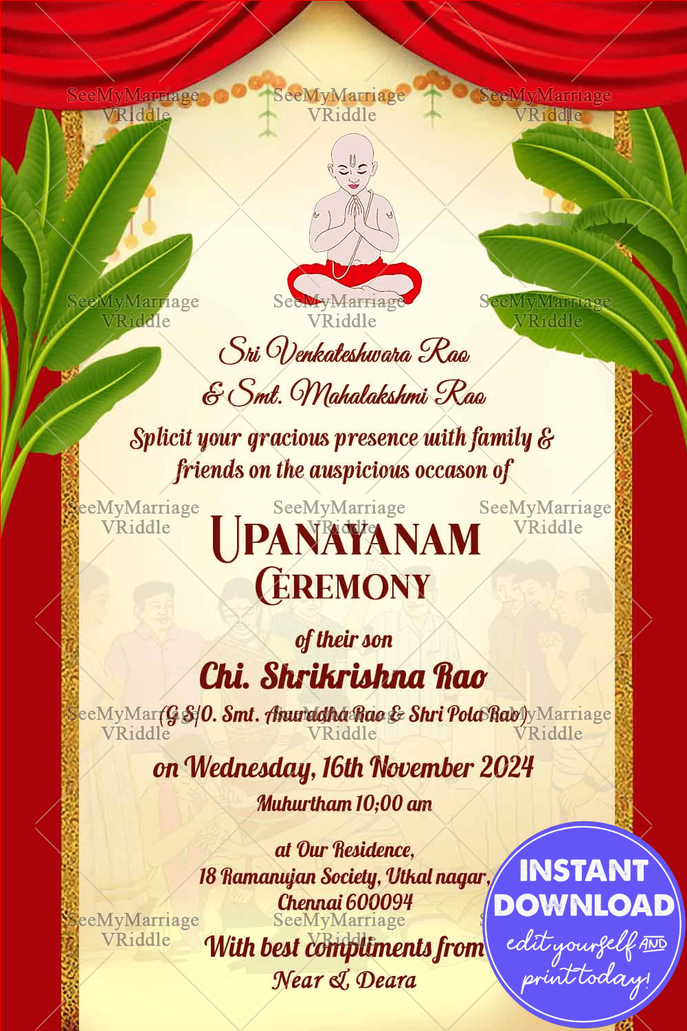 A Cream Theme Upanayanam Invitation Card With Red Drapes and Banana Shrub On Either Sides