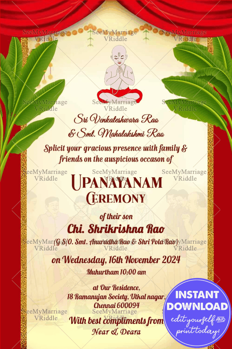 A Cream Theme Upanayanam Invitation Card With Red Drapes and Banana Shrub On Either Sides