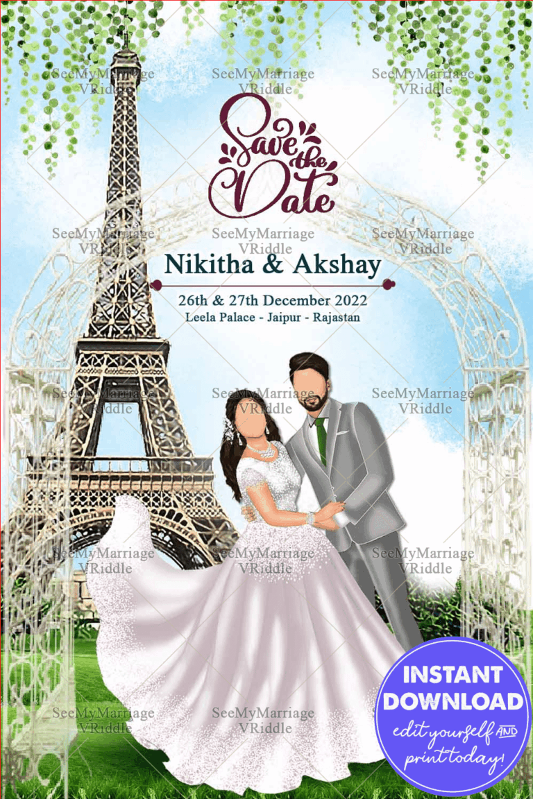 A Cute And Classy Blue Theme Invitation Card For A Christian Wedding With Bride And Groom Caricatures